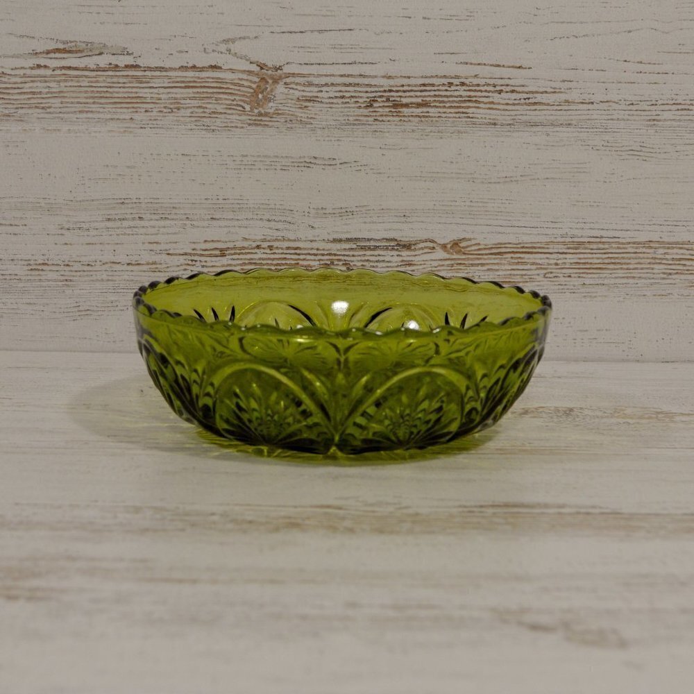 Green Pressed Glass Decorative Scalloped Bowl